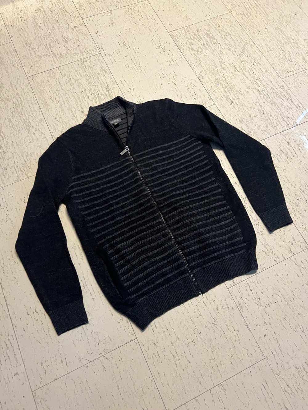 Kenneth Cole Full-Zip Striped Turtle-Neck Sweater (Black/Grey)